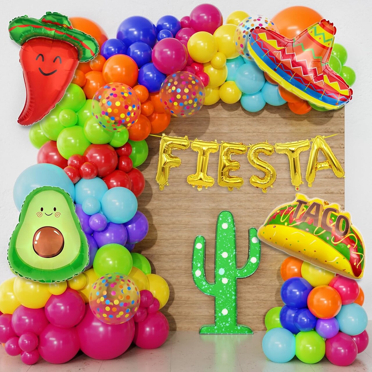 121Pcs Mexican Fiesta Taco Party Decorations, Fiesta Balloon Arch Garland Kit Cinco De Mayo Decor with Cactus Avocado Taco Mexican Hat for Carnival Festival Birthday Baby Shower Supplies